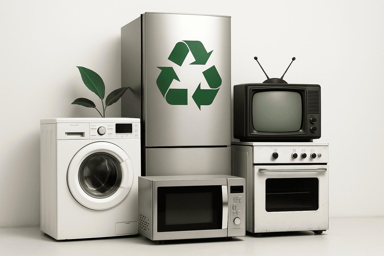 Appliances ready for recycling — including fridge, washer, microwave, oven and TV