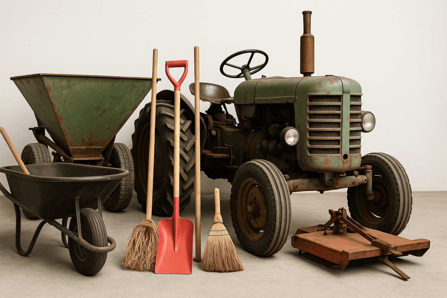 Used farm equipment ready for cleanout — including tractor, wheelbarrow, and tools