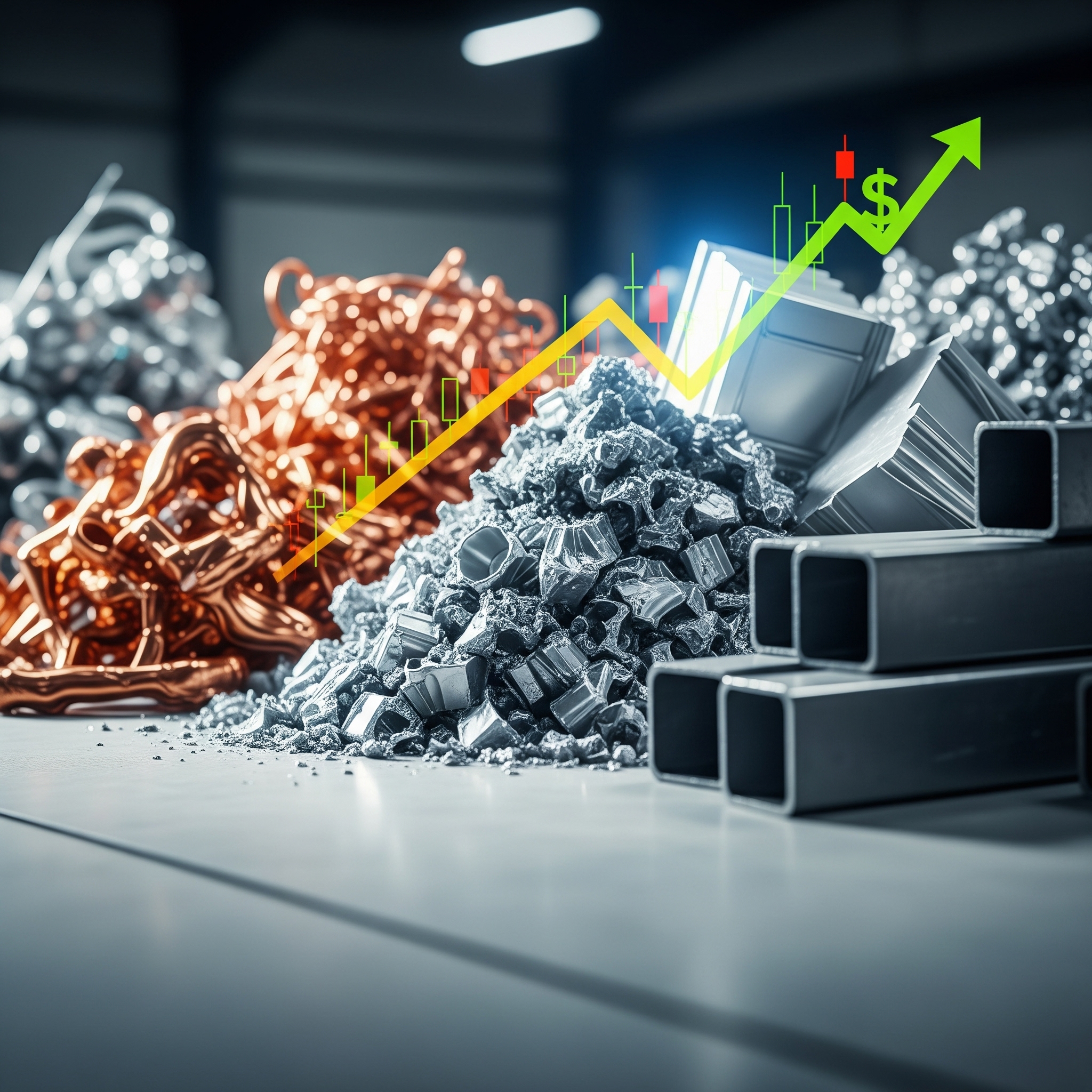 Scrap metal with market trend arrows showing price increases